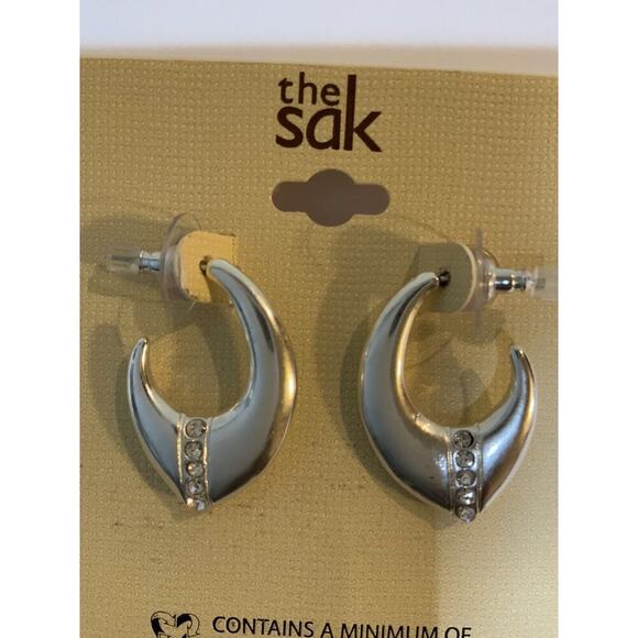 The Sak Silver Tone Rhinestones Inlay Curved Hoop Earrings Recycled Metal NEW - Picture 1 of 5